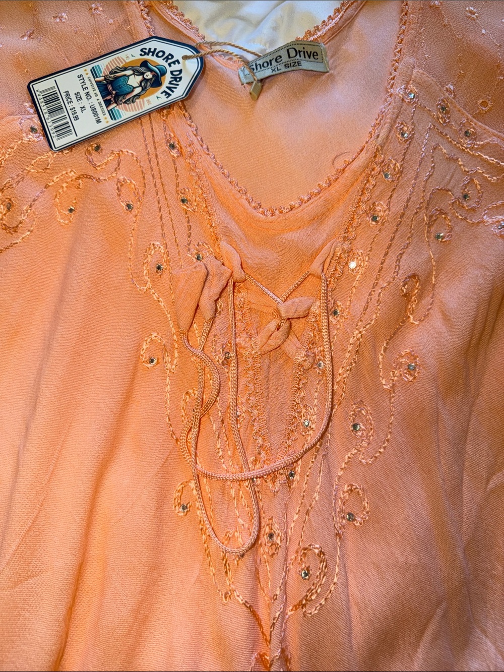 Embroidered Peach V-Neck Women's Blouse with Tie Front - Picture 4 of 6